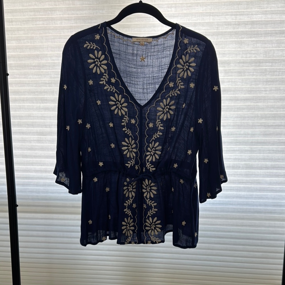 Blue Embellished 3/4 Sleeve Blouse
